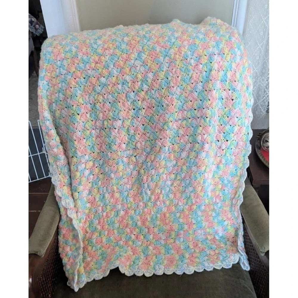 intage handmade‎ crochet pastel baby blanket pink blue green yellow 36x31 Afghan